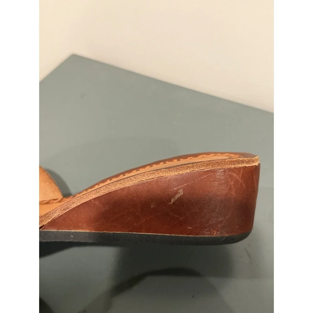 Vintage 70s Artisan Crafted Mexican Leather Sandals Painted Floral Wedge Size 9
